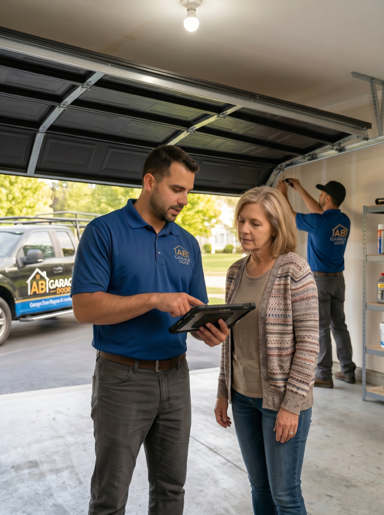 Two service technicians discuss a tablet with a customer inside a garage, while another technician works on a door in the background.
