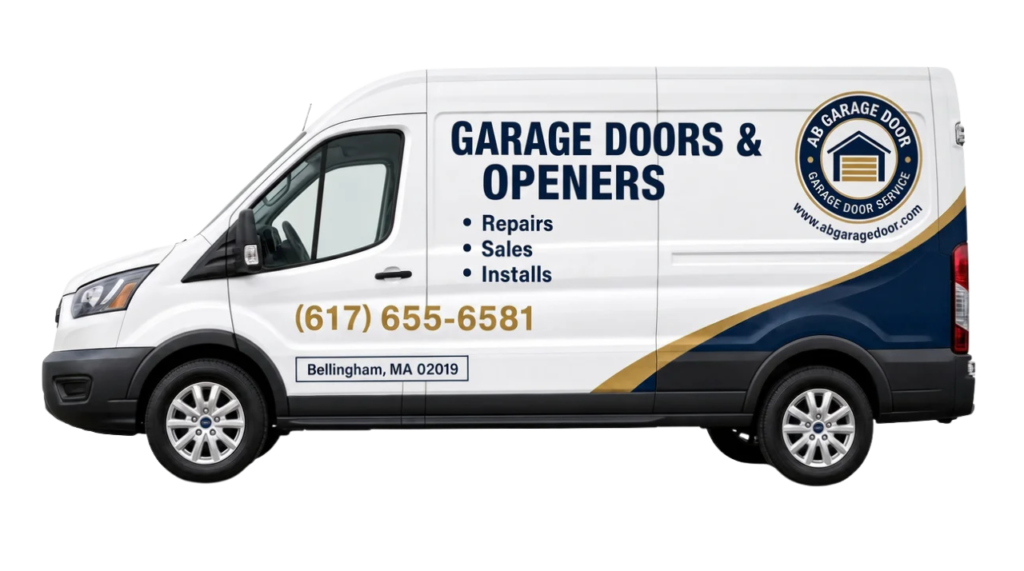 Garage doors and openers service van with phone number and.Bellingham, MA address on the side