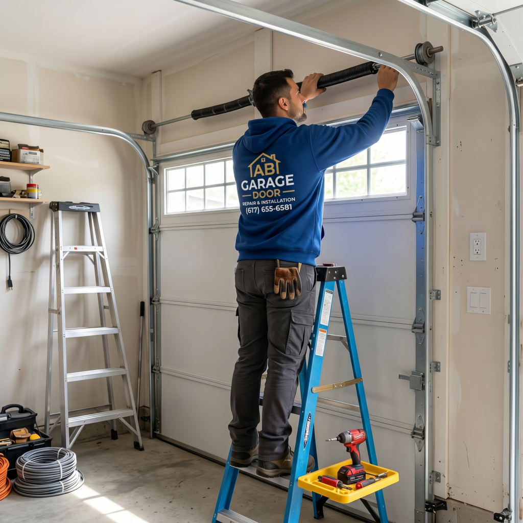 Technician performing garage door maintenance to prevent breakdowns and keep the door running safely.