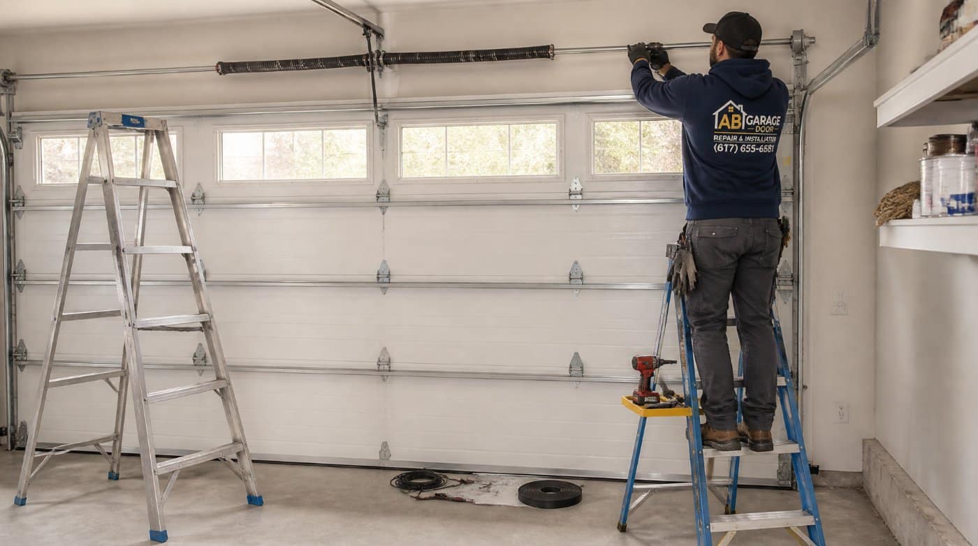 Technician replacing a garage door torsion spring